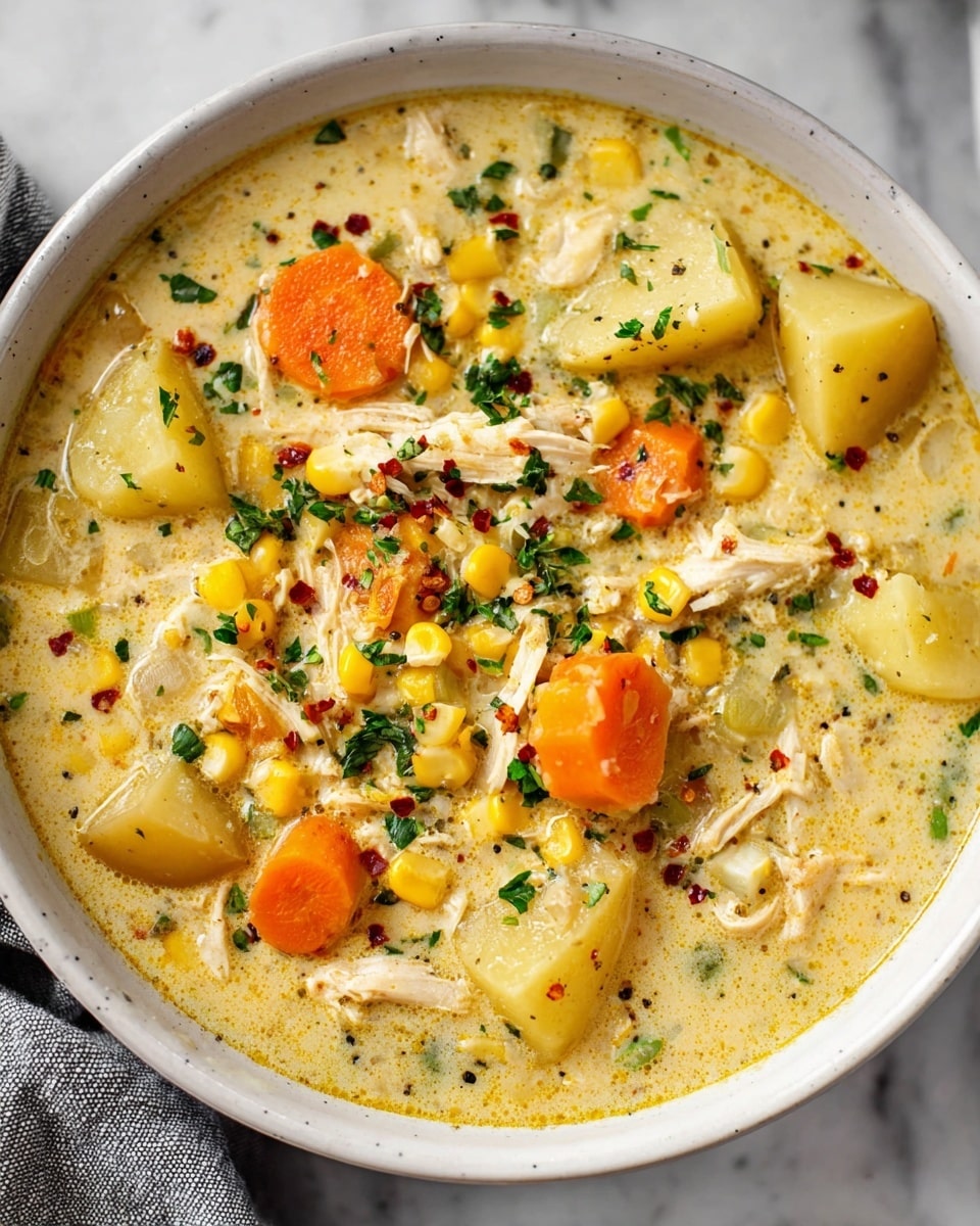 A white bowl filled with creamy chicken corn chowder showing several layers: chunks of soft golden potatoes and bright orange carrot slices sit alongside yellow corn kernels in a thick, pale yellow broth. Shredded white chicken meat is mixed throughout, while the soup's surface is sprinkled with chopped green herbs and a few specks of black pepper and red chili flakes. The bowl is placed on a white marbled surface with part of a gray cloth visible on one side. photo taken with an iphone --ar 4:5 --v 7