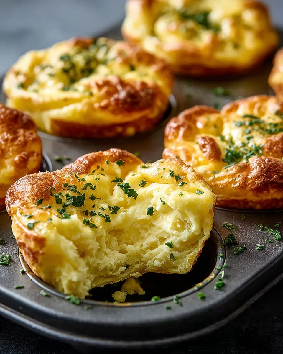The image shows several mini egg bites in a dark muffin tray on a white marbled texture. Each egg bite has a golden brown top with some crispy texture and is sprinkled with chopped green herbs. The inside layers are light yellow, soft, and fluffy, showing a creamy texture with small folds. One egg bite in the front is cut open, revealing its soft inside layers and fluffy texture. photo taken with an iphone --ar 4:5 --v 7