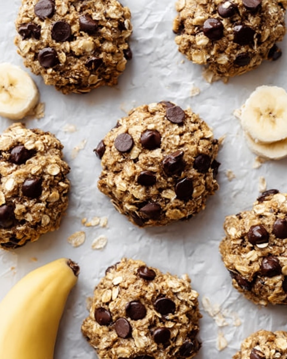 The image shows several small round oatmeal chocolate chip cookies arranged on a white marbled surface, each cookie having a rough and chunky texture with visible oats and dark brown melted chocolate chips scattered throughout. One cookie in the center foreground is bitten into, revealing a soft, gooey inside with melted chocolate and bits of banana, showing a light yellow moist layer inside contrasting with the outer oatmeal crust. In the background, a ripe yellow banana is partly visible, adding a pop of color. A silver measuring cup filled with oats is shown on the left side. photo taken with an iphone --ar 4:5 --v 7