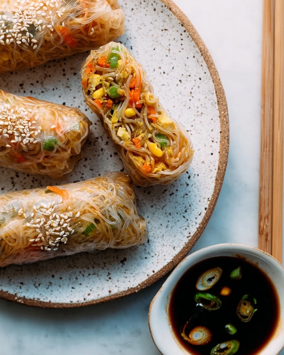 The image shows three spring rolls on a white speckled plate contrasted by a white marbled surface underneath. Each spring roll is wrapped with a thin translucent rice paper, revealing a colorful mix of noodles, green peas, corn, and orange carrot slices tightly packed inside. The noodles have a golden-brown color with some sesame seeds sprinkled on top for texture. On the right side of the plate, a wooden pair of chopsticks rests on the white marbled surface, adding an Asian dining touch. In the bottom center, a small white bowl holds a dark dipping sauce with visible green scallion slices floating in it. The photo is taken with an iphone --ar 4:5 --v 7
