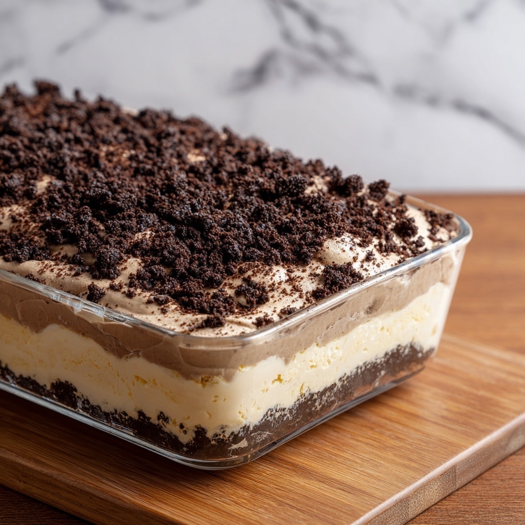 A close-up image of a chocolate dessert on a white plate, placed on a white marbled surface. The dessert has two main layers: the bottom layer is dark, moist chocolate cake with a gooey and shiny texture indicating melted chocolate inside, while the top layer is a thick, creamy chocolate mousse with a light and airy texture. The mousse is sprinkled with large and small pieces of crushed dark chocolate cookies, adding a rough texture and a contrast in color on top. photo taken with an iphone --ar 4:5 --v 7