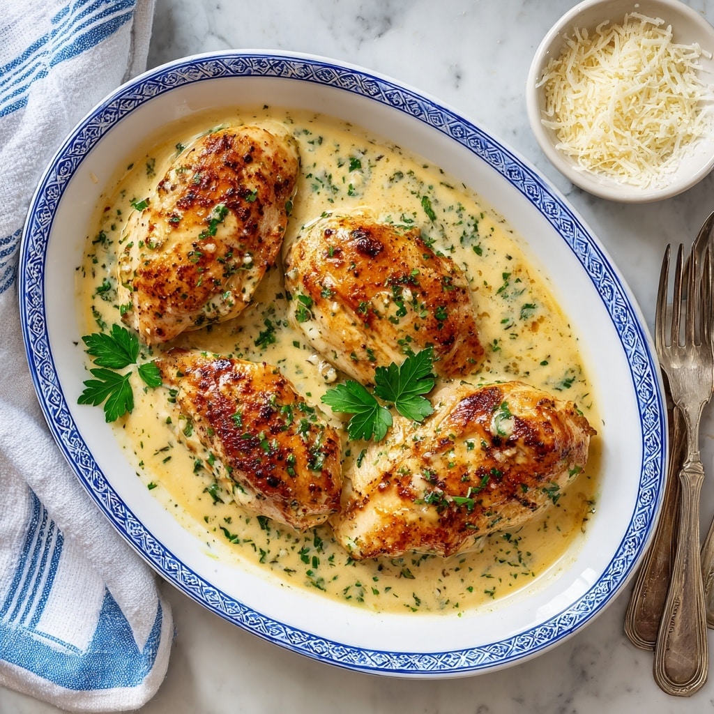 The dish shows several thick pieces of grilled chicken breast with a browned, slightly crispy outer layer, arranged in a white bowl. A creamy, pale yellow sauce speckled with green herbs covers and pools around the chicken, adding a smooth texture contrast. Bright green parsley leaves are sprinkled on top, adding fresh color and detail. The white bowl is against a white marbled surface, making the rich colors of the chicken and sauce stand out clearly. photo taken with an iphone --ar 4:5 --v 7