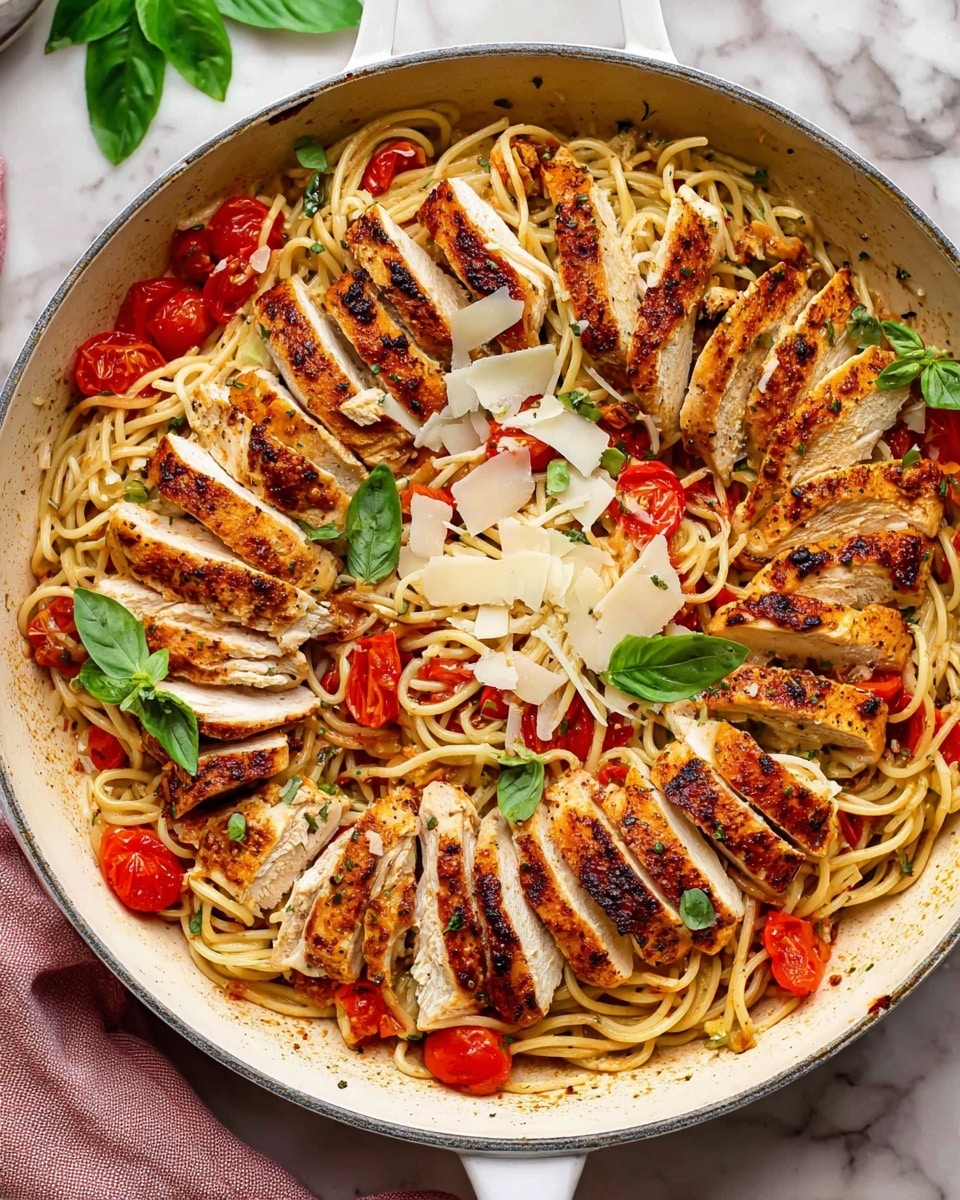 A white pan filled with cooked spaghetti as the base layer, mixed with small pieces of red tomatoes scattered evenly throughout. On top of the pasta are thick slices of grilled chicken breast, showing a golden-brown, slightly charred texture, arranged in the center. There are thin white shavings of cheese sprinkled lightly over the chicken and pasta. Fresh green basil leaves are placed intermittently on top as a garnish. The pan is set on a white marbled surface with a hint of a soft pink cloth peeking from underneath. Photo taken with an iphone --ar 4:5 --v 7