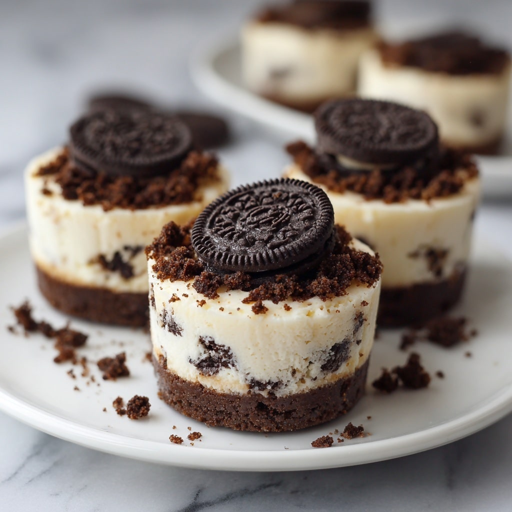 The image shows small dessert cups made of three layers, placed on a white plate over a white marbled surface. The bottom layer is a dark brown Oreo cookie base, the middle layer is thick, creamy white cheesecake filled with small dark cookie bits, and the top layer is crumbly, dark brown Oreo cookie crumbs. One dessert cup at the front has a bite taken out, showing the soft, creamy filling inside. The rest of the cups blur softly in the background, showing the same layered structure. photo taken with an iphone --ar 4:5 --v 7