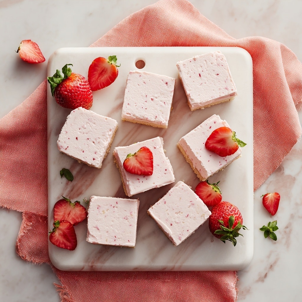 Two square pieces of pink cake are stacked on a white marbled surface, with the top piece showing a bite taken out. Each piece has a light pink creamy frosting layer on top that looks smooth and thick. A fresh strawberry slice with green leaves sits on the top piece, adding bright red and green colors. There are some small crumbs around the cakes, and in the slightly blurred background, more strawberries and slices of yellow lemon can be seen, adding a fresh look. photo taken with an iphone --ar 4:5 --v 7