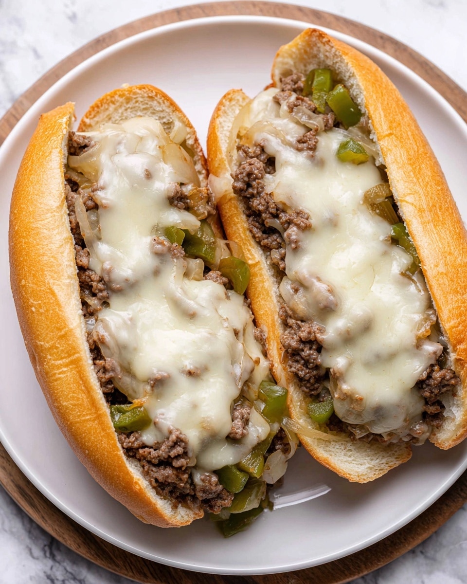 Two Philly cheesesteak sandwiches are placed side by side on a white plate. Each sandwich has a split golden brown toasted hoagie roll filled with a layer of cooked ground beef mixed with diced green bell peppers and translucent cooked onions. The top layer is melted white cheese, evenly covering the meat and vegetables, with a slightly glossy texture. The plate sits on a white marbled surface that adds a clean contrast to the sandwich colors. photo taken with an iphone --ar 4:5 --v 7