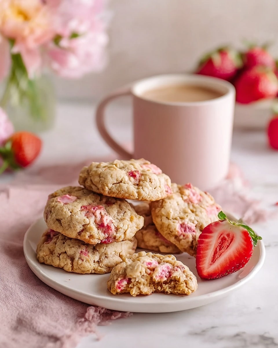 A white plate on a white marbled surface holds five oatmeal strawberry cookies topped with a light drizzle of white icing, each cookie showing a rough, crumbly texture mixed with bright red strawberry pieces inside and on top, with one cookie stacked showing its soft, moist interior filled with strawberry chunks. Next to the cookies is a fresh whole strawberry adding a pop of vibrant red and green. In the background, there is a soft pink cup filled with light brown coffee and a white plate holding more strawberries, all set against a clean, white marbled backdrop. photo taken with an iphone --ar 4:5 --v 7
