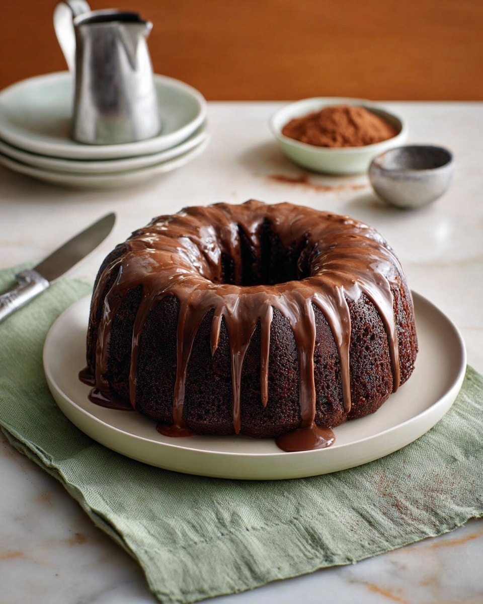A rich dark brown chocolate bundt cake with a smooth, shiny chocolate glaze poured thickly over the top and slightly dripping down the sides, sitting on a round white plate that shows some glaze pooling around the base. Two thick slices are cut and slightly pulled away from the main cake, revealing the dense, moist texture inside with a deep chocolate color. In the background, a separate white plate holds a single slice of the same cake on a white marbled surface. photo taken with an iphone --ar 4:5 --v 7