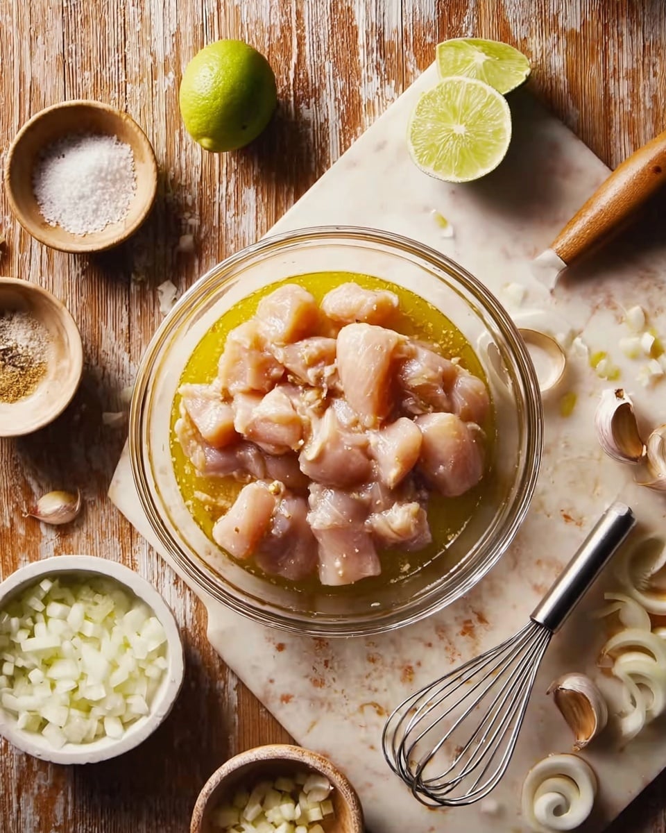 A clear glass bowl sits in the center of the image on a white marbled texture, filled with raw, pale pink chicken pieces marinating in a yellow olive oil mixture. Surrounding the bowl are small round white bowls containing chopped white garlic and salt, a metal whisk with a wooden handle, a halved lime and a whole lime, several garlic cloves, and a white cutting board holding a lime wedge and onion rings. The warm brown tones of the chopping board and utensils contrast with the fresh ingredients. Photo taken with an iphone --ar 4:5 --v 7