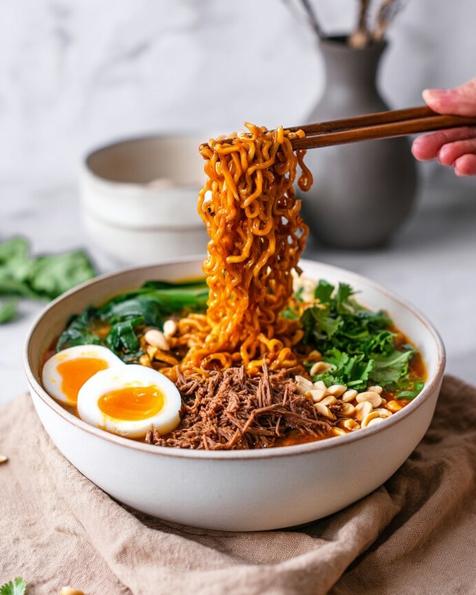 A deep white bowl on a light brown cloth holds a rich broth filled with thin brown shredded meat on the left side, dark brown mushroom slices next to it, and green chopped scallions scattered along the top. In the bottom right, two halves of a soft-boiled egg with bright yellow yolks and white edges are partly submerged. Yellow corn kernels float in the dark broth near the eggs. A white spoon with some broth rests inside the bowl on the right side, under two light wooden chopsticks balanced across the top. The background is a white marbled surface with a small white plate of black and white sesame seeds and a brown bowl with more shredded meat nearby. Photo taken with an iphone --ar 4:5 --v 7