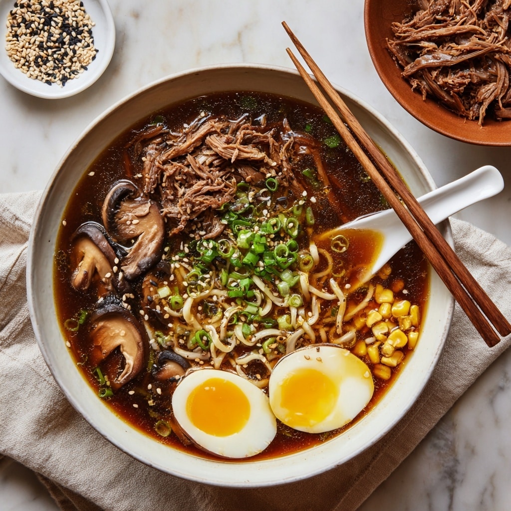 A white bowl is filled with ramen noodles lifted by a pair of chopsticks held by a woman's hand. The bowl contains a rich broth with bright orange curly noodles suspended above, shredded brown meat piled on one side, fresh green leafy vegetables next to the meat, and half a soft-boiled egg with a vibrant orange yolk resting near the front. There are also pale pine nuts scattered beside the egg, adding texture to the dish. The bowl sits on a beige cloth over a white marbled surface with a blurred white bowl and a gray vase in the background. Photo taken with an iphone --ar 4:5 --v 7