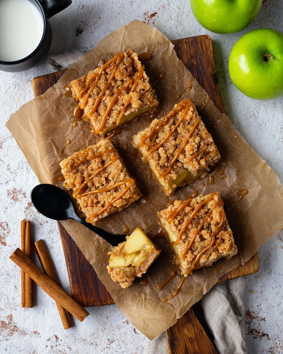 The image shows four square apple crumb bars arranged on brown parchment paper placed on a wooden cutting board. Each bar has three visible layers: a light yellow base layer, a soft apple slice middle layer, and a crumbly, golden-brown streusel top layer drizzled with caramel sauce in thin lines. One bar has a bite taken out of it, with a black spoon lifting a chunk revealing the apple filling inside. Two cinnamon sticks lie at the bottom left of the board, while a half green apple and a whole green apple sit at the top right. A white cup filled with milk is visible in the top left corner, all set on a white marbled textured surface. photo taken with an iphone --ar 4:5 --v 7