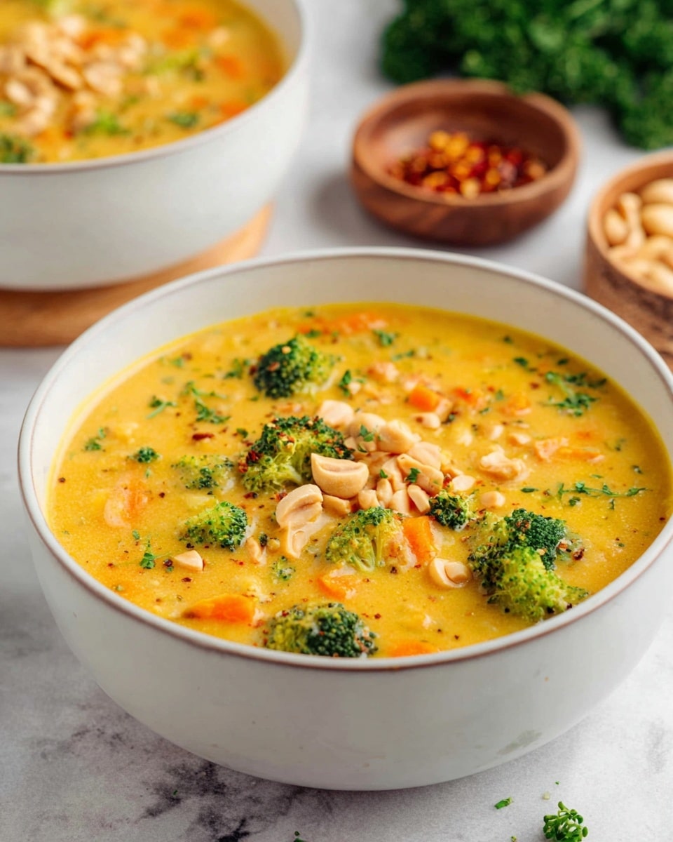 Two white bowls filled with a thick yellow soup that has visible chunks of green broccoli and orange carrots. The soup is topped with chopped peanuts and small bits of green herbs, evenly spread on the surface. One bowl is placed on a wooden board along with two silver spoons, and the other is partially visible in the corner. To the top left, there is a small white bowl filled with a smooth brown sauce, while at the bottom right, another small white bowl contains whole peanuts. Fresh green parsley sprigs are scattered around on a white marbled surface, enhancing the fresh look. photo taken with an iphone --ar 4:5 --v 7