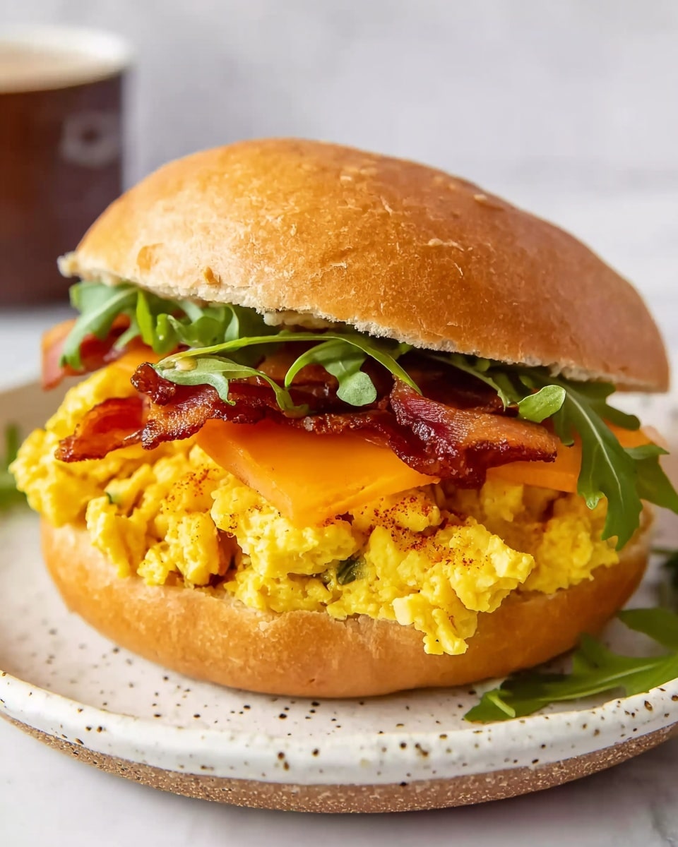 A close-up image of a sandwich on a white plate with speckled edges set on a white marbled surface. The sandwich has three main layers inside a golden-brown bun: the bottom layer is fluffy scrambled eggs with a soft texture and bright yellow color; above the eggs is a slice of melted cheddar cheese in vivid orange that drapes slightly over the eggs; on top are thin, reddish-brown slices of crispy plant-based bacon, with a few green arugula leaves adding a fresh touch before the top bun closes the sandwich. The bun has a smooth, slightly shiny surface with small, scattered grains. Photo taken with an iphone --ar 4:5 --v 7