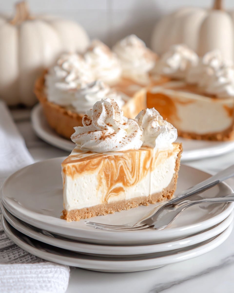 A slice of creamy pie is being lifted from a white pie dish with a black pie server, showing three layers: a light brown crumbly crust on the bottom, a thick white creamy middle filling, and a swirled orange and white top layer. Each slice of the pie in the dish is topped with a swirl of white whipped cream sprinkled with a light dusting of brown spice. The pie dish rests on a white marbled surface with a soft gray striped cloth underneath. In the background, there are white small pumpkins and a white plate with forks and cinnamon sticks on another white marbled surface. photo taken with an iphone --ar 4:5 --v 7