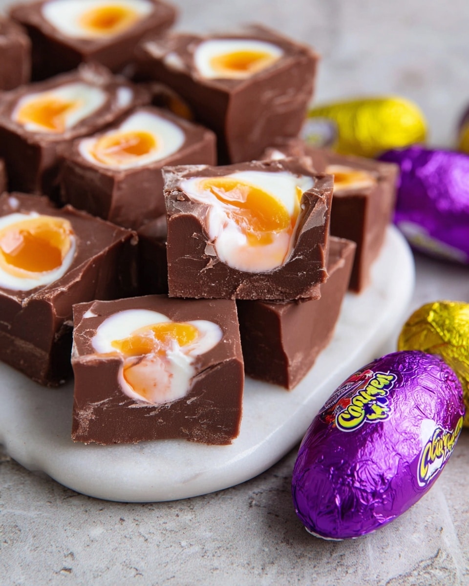 The image shows small, thick square pieces of chocolate fudge with a smooth dark brown base layer. On top of each is a cracked chocolate egg shell in dark milk chocolate color, filled with a white creamy layer and a soft orangish yolk-like center, with some spilling slightly over the edges. The pieces are placed close together on a white plate, and a few wrapped oval-shaped chocolates in shiny purple and yellow foil are scattered around on a white marbled surface. photo taken with an iphone --ar 4:5 --v 7