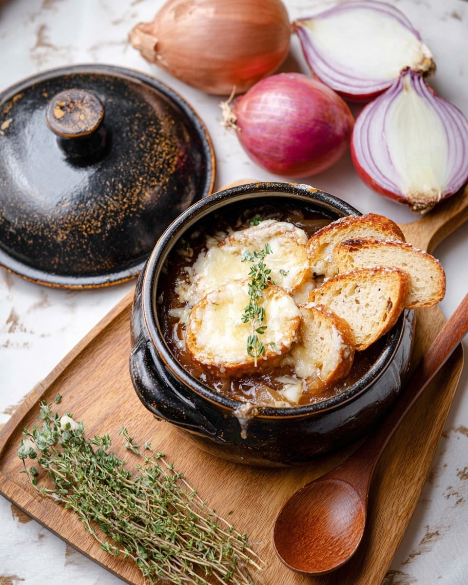 A black ceramic pot filled with a layered dish sits on a wooden board over a white marbled surface. Inside the pot, the bottom layer is a rich brown broth or soup, topped with soft caramelized onions showing a shiny light brown color. On this, melted white cheese stretches across part of the surface, slightly browned in areas. On top are several pieces of toasted, light brown bread, with a firm texture and crusty edges. A sprig of fresh green thyme lays on top as garnish. Nearby, two whole red onions and one half onion with purple and white layers are placed on the white marbled background, along with additional thyme sprigs. A wooden spoon rests on the board next to the pot’s lid, which is black with a worn, textured surface. Photo taken with an iphone --ar 4:5 --v 7