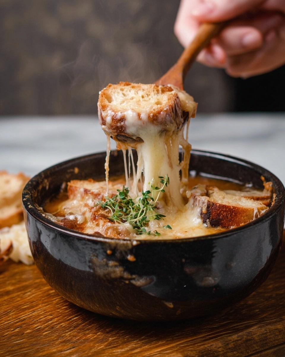 A black bowl filled with thick soup topped with melted white cheese that stretches as a wooden spoon lifts some soup and soft cooked onions above the bowl. Inside the bowl, there are light brown toasted bread pieces partially covered by the gooey cheese, and a small green herb garnish rests on top. The bowl sits on a wooden surface with a white marbled texture background, and a woman's hand holds the spoon in the foreground. photo taken with an iphone --ar 4:5 --v 7