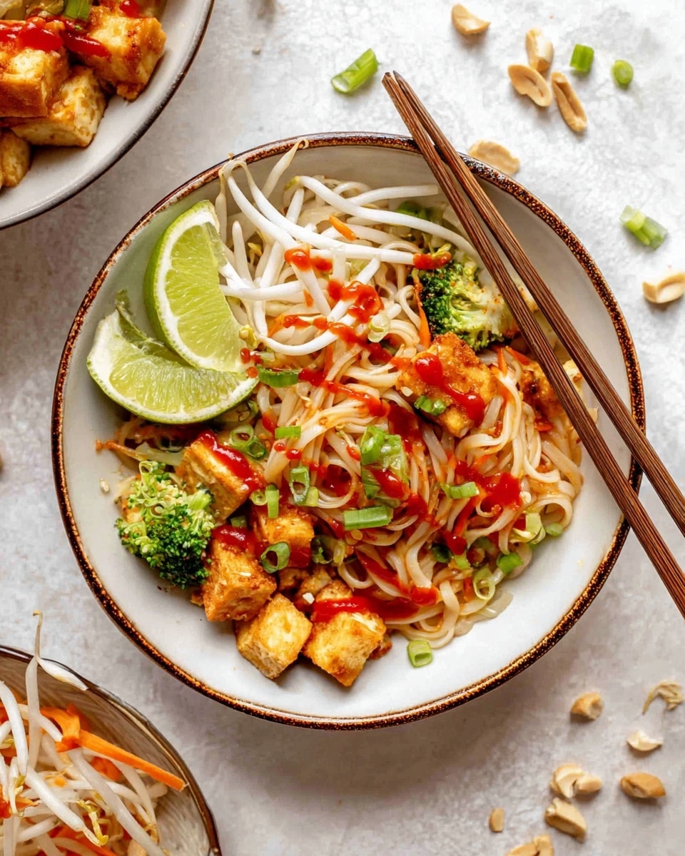 A white speckled bowl sits on a white marbled surface, filled with three main layers: at the bottom, light brown noodles mixed with shredded carrots, broccoli pieces, and bean sprouts create a textured base; the middle layer has golden-brown tofu cubes arranged on top; finally, the dish is drizzled with red sauce along with some chopped green onions scattered over, and two lime wedges rest on the side of the bowl. Wooden chopsticks are placed on the bowl’s right side, slightly inside the noodles. Behind it, a similar white speckled bowl with the same contents is partially visible, and a silver pan with leftover noodles inside sits behind both bowls. Photo taken with an iphone --ar 4:5 --v 7
