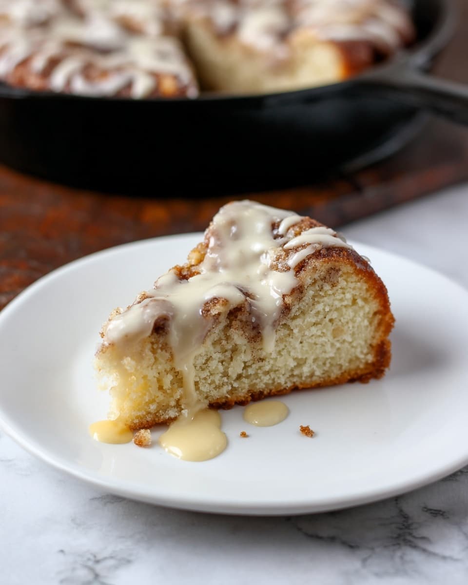 A close-up view of a cinnamon roll in a black cast iron skillet with three layers visible: the bottom light golden baked dough, a middle layer of brown cinnamon sugar swirls, and a top layer of smooth white icing drizzled unevenly. The skillet is sitting on a white marbled surface, with a white plate and a black-handled knife blurred in the background. photo taken with an iphone --ar 4:5 --v 7