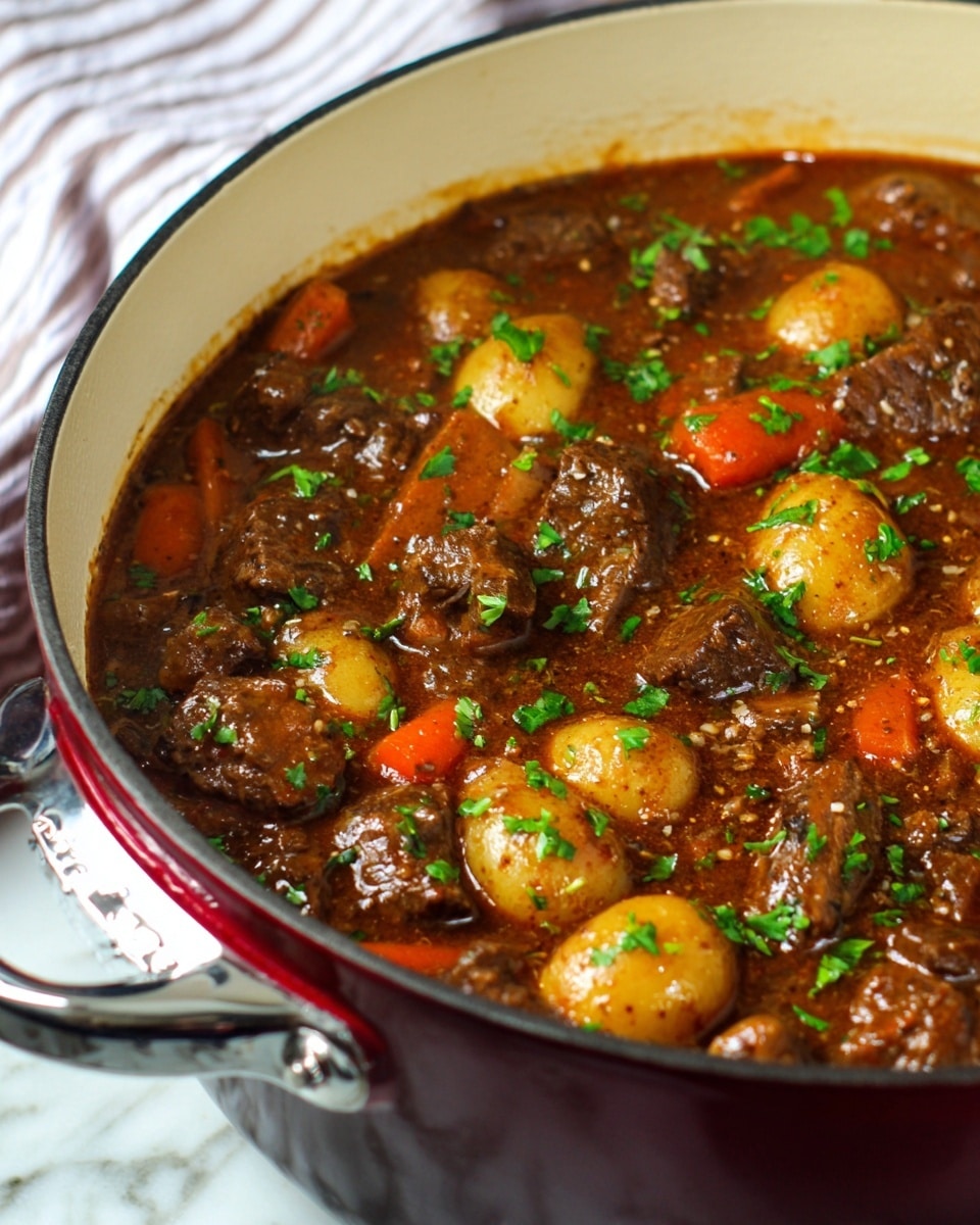 A close-up view of a thick stew in a white pot with a wooden handle, showing rich brown sauce mixed with chunks of dark brown beef, bright orange carrot slices, small light yellow potato pieces, and bits of translucent onions, all garnished with small green herb leaves. A metal ladle lifts a scoop of the stew, with visible layers of juicy meat, soft vegetables, and glossy sauce, while the background shows a blurred white marbled texture and a red cloth under the pot. Photo taken with an iphone --ar 4:5 --v 7