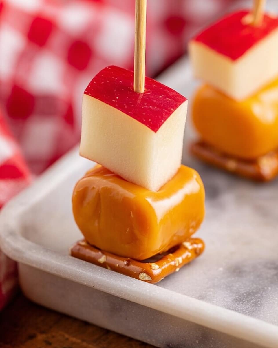 The image shows small stacked bites, each made of three layers held together by a wooden toothpick. The bottom layer is a square pretzel with a golden brown color and a crunchy texture. On top of the pretzel is a smooth, thick layer of caramel-colored peanut butter. The top layer is a fresh apple cube with red skin on one side and white flesh on the other. These bites are arranged on a white marbled surface, creating a neat pattern. photo taken with an iphone --ar 4:5 --v 7