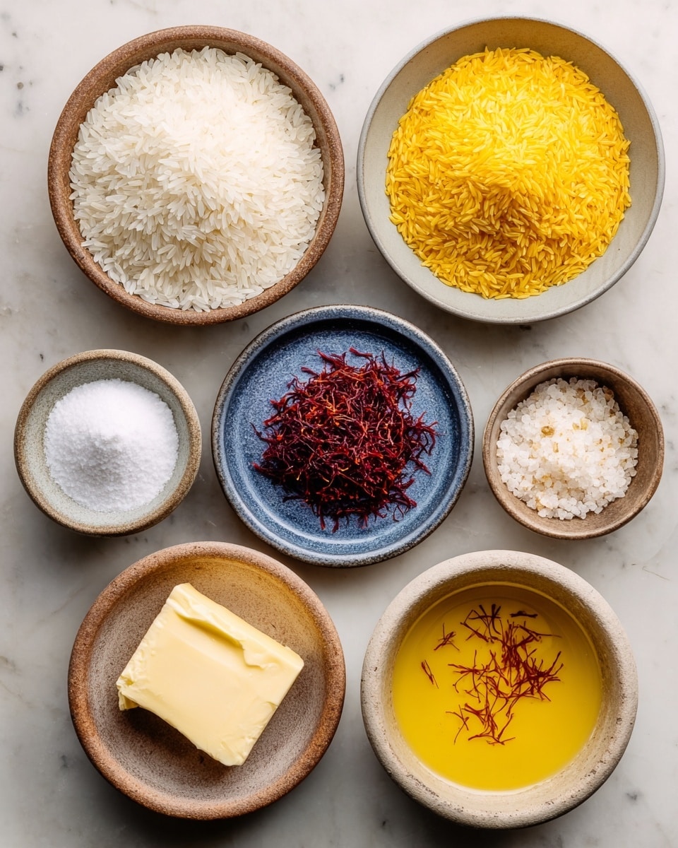 The image shows a round dish with two layers: a base layer of fluffy white rice forming a ring around the edge of the plate and a top layer of golden brown crispy rice with dark toasted spots and green herb bits sprinkled on top, positioned in the center of the plate. The plate is white with a slightly speckled design, placed on a white marbled surface, with some green herbs visible in the background. photo taken with an iphone --ar 4:5 --v 7