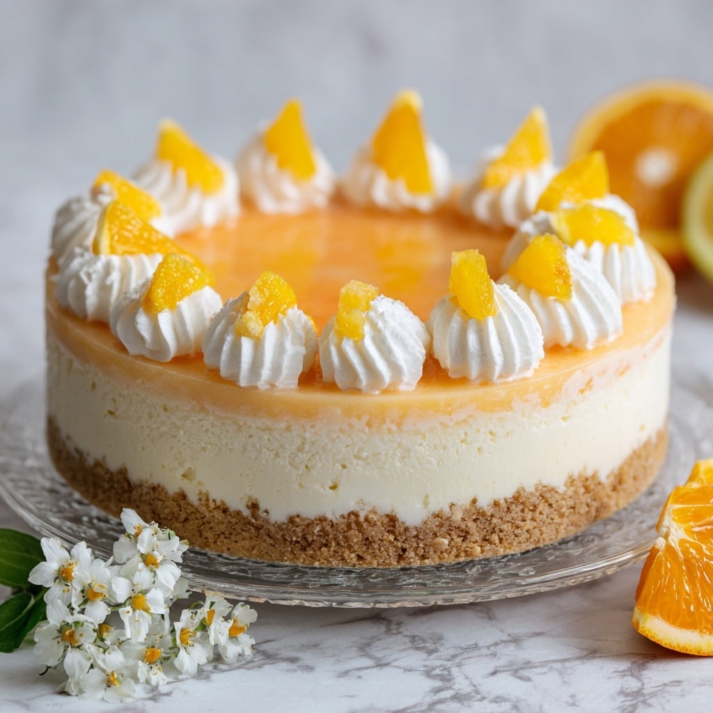 The image shows a slice of orange and white layered cheesecake on a white plate with a marbled pattern, topped with a swirl of white whipped cream and a small orange slice. The cheesecake has three layers: a crumbly light brown crust at the bottom, a thick white creamy middle layer, and a smooth orange top layer with a marbled white swirl. In the background, the rest of the cake is visible with similar layers, decorated with white whipped cream swirls and small orange slices on top. Around the plate, there are halves of bright orange fruit and small white flowers with yellow centers, all set on a white marbled surface. A silver fork rests on the plate beside the cake slice. Photo taken with an iphone --ar 4:5 --v 7