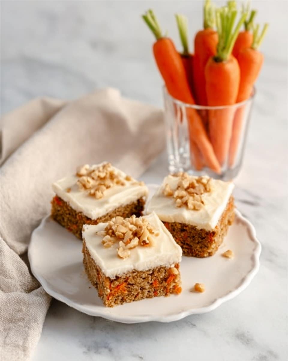 The image shows three square pieces of carrot cake bars on a white plate with a textured edge. Each bar has two layers: a golden-brown bottom layer with a slightly rough texture that shows small bits of carrot and nuts, and a thick, creamy white frosting layer on top that looks smooth and soft. The frosting is sprinkled with small chopped nuts, adding crunch and a light brown color contrast. A gold spoon rests on the plate, lifting one piece, revealing the layers clearly. The background includes a soft beige cloth and a glass with bright orange carrot sticks, all set on a white marbled surface. photo taken with an iphone --ar 4:5 --v 7