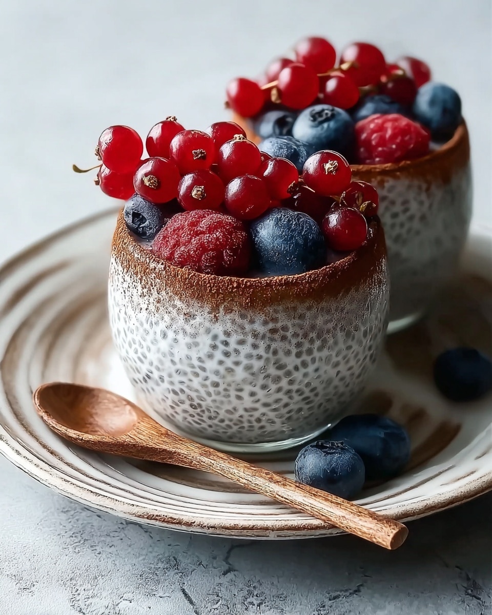 The image shows three clear glass jars filled with chia pudding placed on a white marbled surface. The pudding has two main layers: a thick bottom layer of speckled light gray chia seeds soaked in liquid, and a smooth light brown almond butter layer above it. The top of each jar is decorated with fresh red raspberries, dark blue blueberries, and a sprinkling of light brown granola pieces. One jar in the front has honey dripping down the side, with a wooden honey dipper lying nearby on the surface. Loose berries and granola pieces also lie scattered around the jars. Photo taken with an iphone --ar 4:5 --v 7