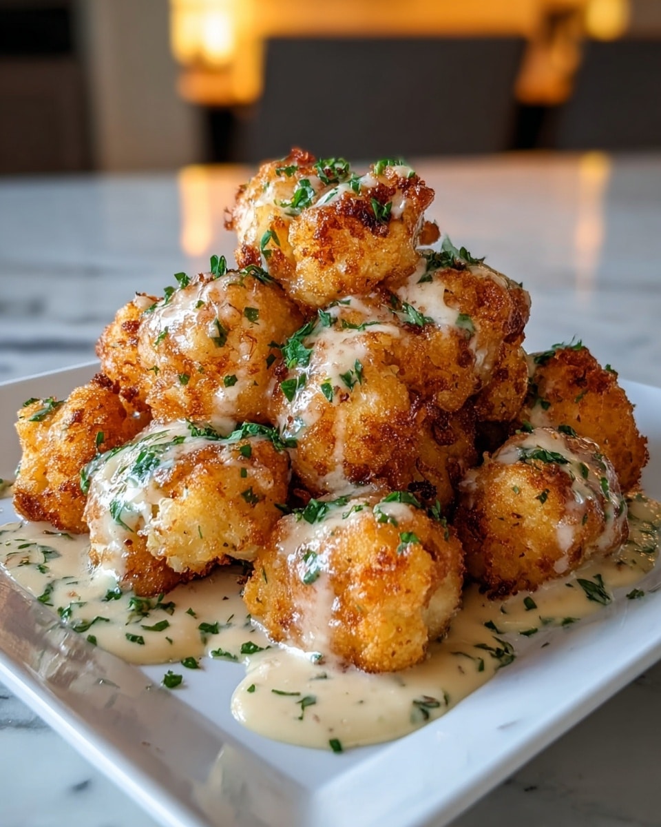 The image shows a close-up of a baked casserole in a dark blue dish, filled with golden, crispy tater tots that are slightly browned on the edges, creating a crunchy texture on the top layer. Melted cheese covers the entire dish, bubbling and mixed with scattered pieces of crispy bacon that add reddish-brown spots throughout. Small green bits of chopped herbs or green onions are sprinkled on top, adding a fresh color contrast. The casserole looks soft and creamy underneath, with the cheese forming a gooey layer binding the tater tots and bacon together. The dish sits on a white marbled surface with the edges of the baking dish visible around the food. photo taken with an iphone --ar 4:5 --v 7
