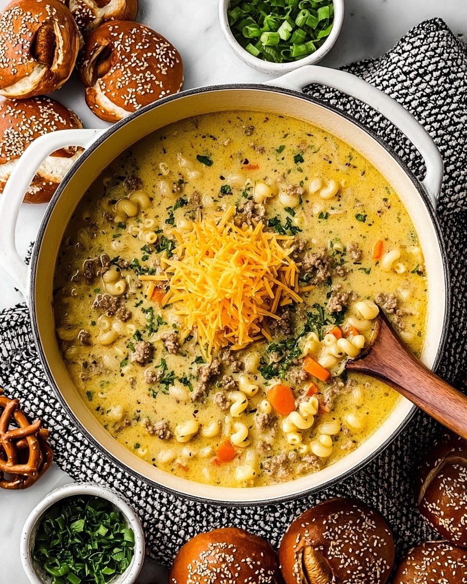 A large white bowl filled with creamy soup that has three main layers: a base of light orange-yellow broth with small finely chopped green herbs floating inside, a middle layer of curly macaroni pasta all over, and chunks of cooked ground beef and slices of bright orange carrot scattered throughout. On top, there are shredded yellow cheddar cheese pieces and chopped green onions spread evenly. Two shiny, golden brown round rolls with sesame and black seeds rest partly in the soup on one side. A silver spoon sits inside the bowl, and the bowl is placed on a white marbled surface with a textured dark cloth nearby and a wooden bowl filled with chopped green onions in the background. photo taken with an iphone --ar 4:5 --v 7