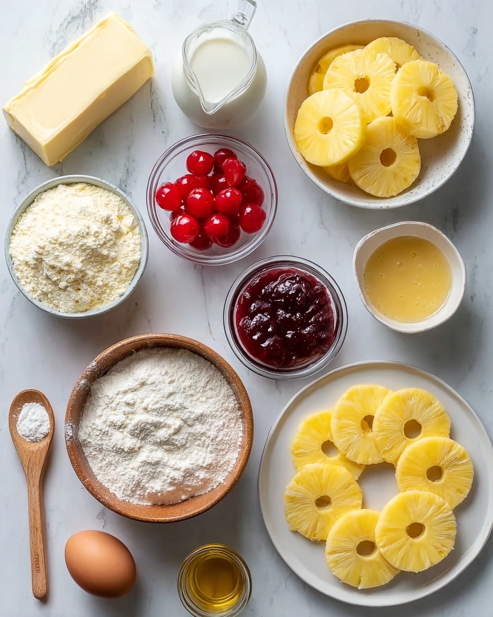 The image shows four small upside-down cakes on a white marbled surface. Each cake has two layers: the base is a golden brown, moist cake layer with a slightly crumbly texture, and on top of each cake is a bright yellow, glossy pineapple ring. In the center of each pineapple ring is a round, shiny red cherry. Around the cakes, there are small drops of sticky syrup glistening on the marble. The cakes are spaced unevenly, with three more visible in the background slightly out of focus. photo taken with an iphone --ar 4:5 --v 7