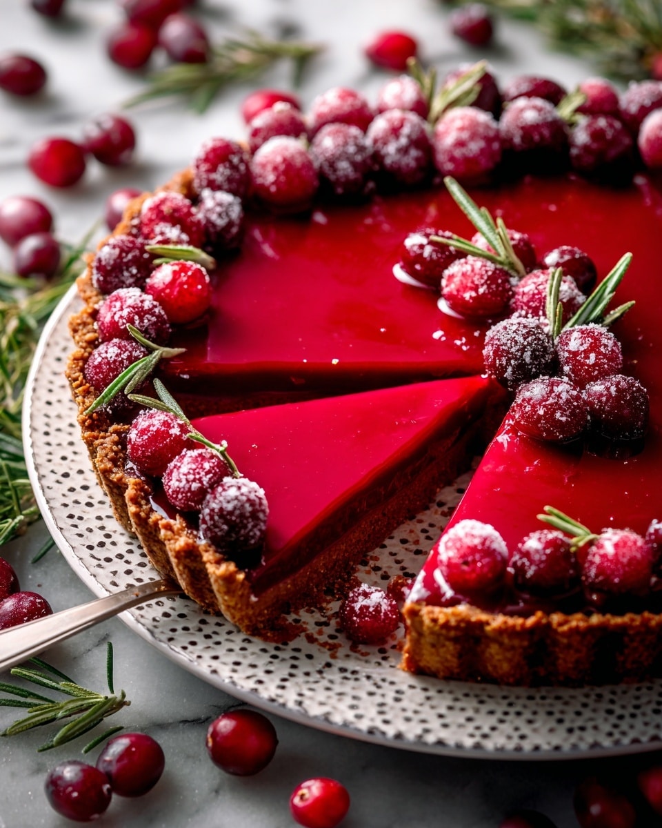 A tart with three visible layers is shown: the bottom crumbly brown crust holds a thick, glossy bright red filling with a smooth texture, cut into slices. The top edge of the tart is decorated with alternating fresh shiny red cranberries and sugar-coated cranberries, along with small sprigs of green rosemary evenly placed between the berries. The tart sits on a detailed white plate with a dotted pattern, all set against a white marbled surface scattered with rosemary sprigs and loose cranberries. A silver pie server is partially visible under one lifted slice. photo taken with an iphone --ar 4:5 --v 7