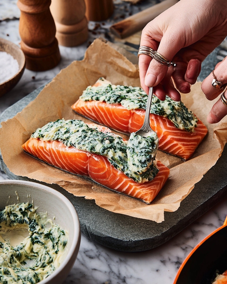 The image shows two thick raw salmon fillets with bright orange and white lines placed on brown parchment paper on a gray marble board. Each fillet has a thick layer of pale creamy spinach mixture on top, the cream mixed with green spinach leaves. A woman's hand with rings is spreading the mixture on one of the fillets with a spoon. Below the board, a white bowl is filled with more of the creamy spinach mixture. The background is a white marbled texture with various kitchen items around like a wooden pepper grinder and a black skillet with an orange handle. photo taken with an iphone --ar 4:5 --v 7