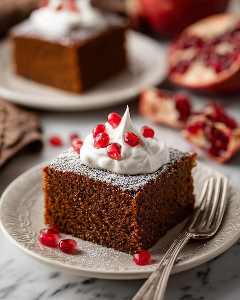 A single square piece of moist brown cake sits on a white plate, dusted lightly with white powdered sugar on top. A dollop of creamy white whipped topping rests on the cake, sprinkled with several bright red pomegranate seeds. The cake has a textured crumb that looks soft and dense. A silver fork lies on the plate’s edge. In the background, another piece of the same cake on a white plate is partially visible, along with some opened pomegranate fruit showing the red seeds inside. The setting is on a white marbled surface. Photo taken with an iphone --ar 4:5 --v 7