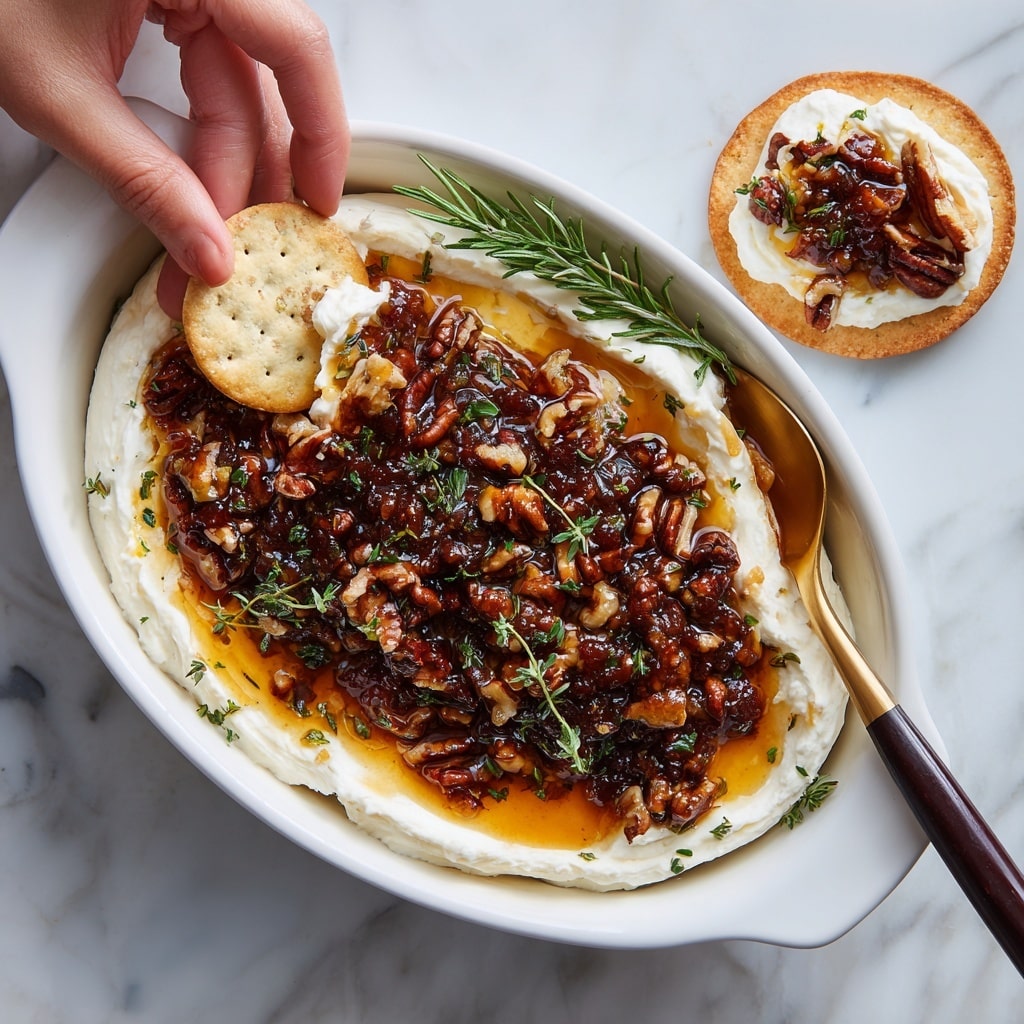 A white oval dish filled with a creamy white baked dip topped with a shiny, dark red-brown sauce and sprinkled with chopped nuts and small green herbs. A woman's hand is dipping a round, light golden-brown cracker into the dip, lifting some of the creamy white mixture. The dish sits on a white marbled textured surface, and a small sprig of rosemary is placed on one side of the dip for decoration. The overall look is warm and inviting. photo taken with an iphone --ar 4:5 --v 7