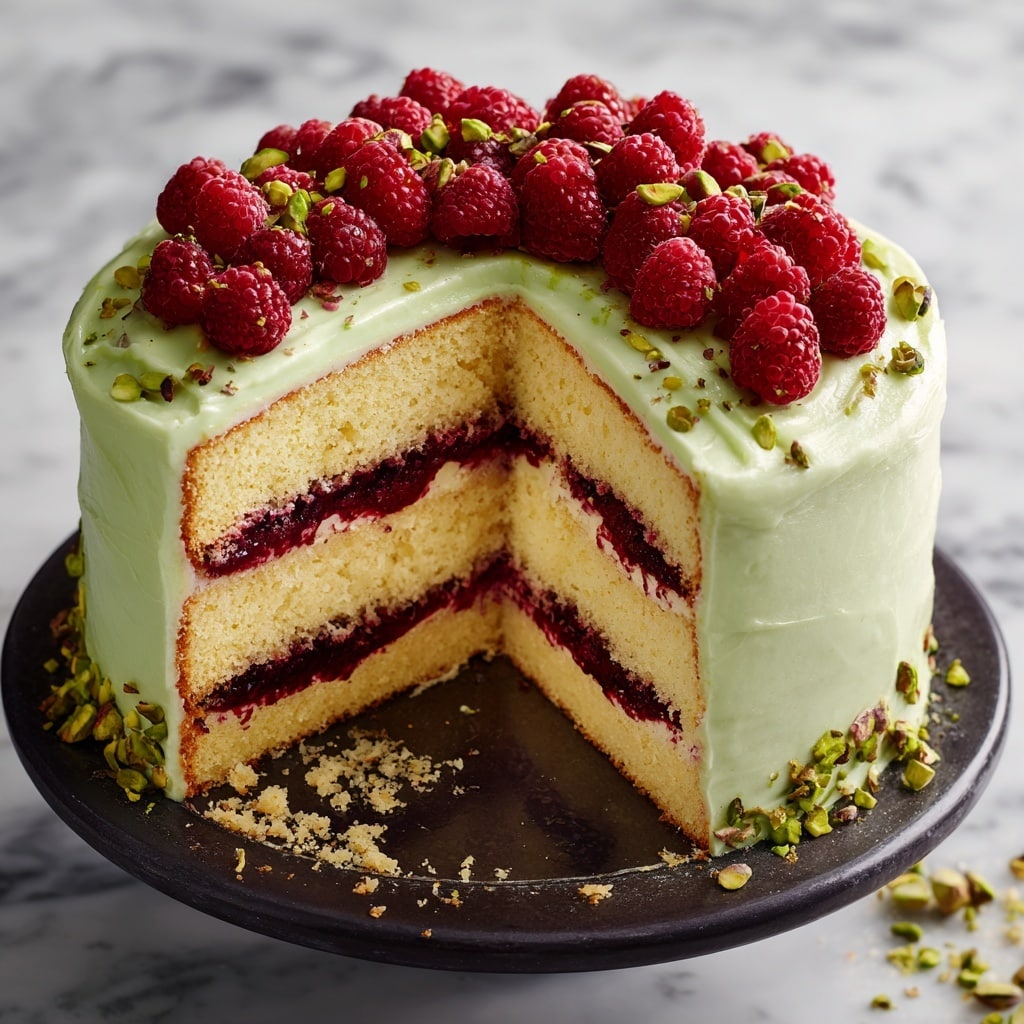A slice of three-layer green pistachio cake with two layers of creamy white frosting and bright red raspberry filling in between. The top layer is covered with a smooth pale green frosting, decorated with a ring of fresh red raspberries and scattered green pistachio nuts. The slice sits on a white plate with red speckles, against a white marbled surface with whole pistachios and raspberries around. photo taken with an iphone --ar 4:5 --v 7