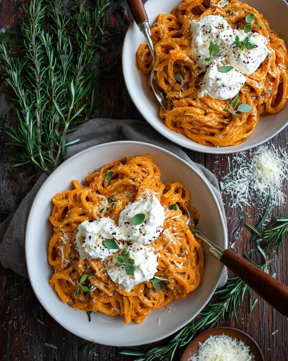 Two white bowls hold a rich orange creamy pasta mixed well with a tomato-based sauce. Each bowl has three soft dollops of creamy white cheese placed on top, sprinkled with cracked black pepper and small green herb leaves. The pasta strands are thick and twisted, giving the dish a textured look. Silver spoons with wooden handles rest in the bowls. Surrounding the bowls are sprigs of green rosemary on a dark wooden surface with some scattered white grated cheese. The setting is bright and cozy, showing the vibrant colors of the food clearly. Photo taken with an iphone --ar 4:5 --v 7