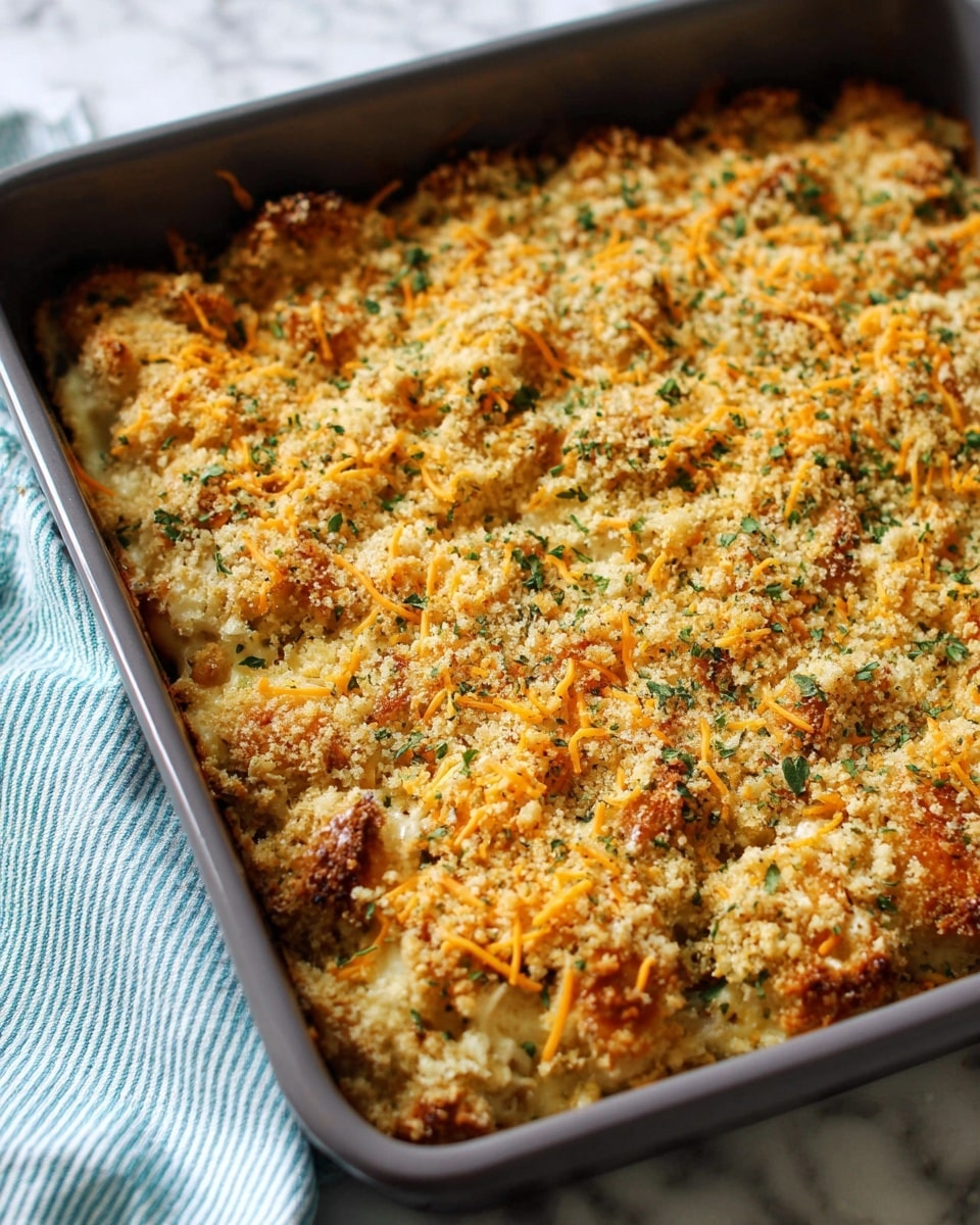 A white plate holds a serving of baked casserole made up of two main layers: the top layer is golden brown and crispy with shredded bits and breadcrumbs sprinkled throughout, and the bottom layer consists of small, browned mushroom pieces mixed with tiny green herbs, creating a textured, hearty base. A silver fork rests on the right side of the plate, partially under the food. In the background, out of focus, is a dark baking pan containing the remaining casserole. The surface beneath the plate and pan is a white marbled texture with a striped cloth visible beneath the pan. photo taken with an iphone --ar 4:5 --v 7