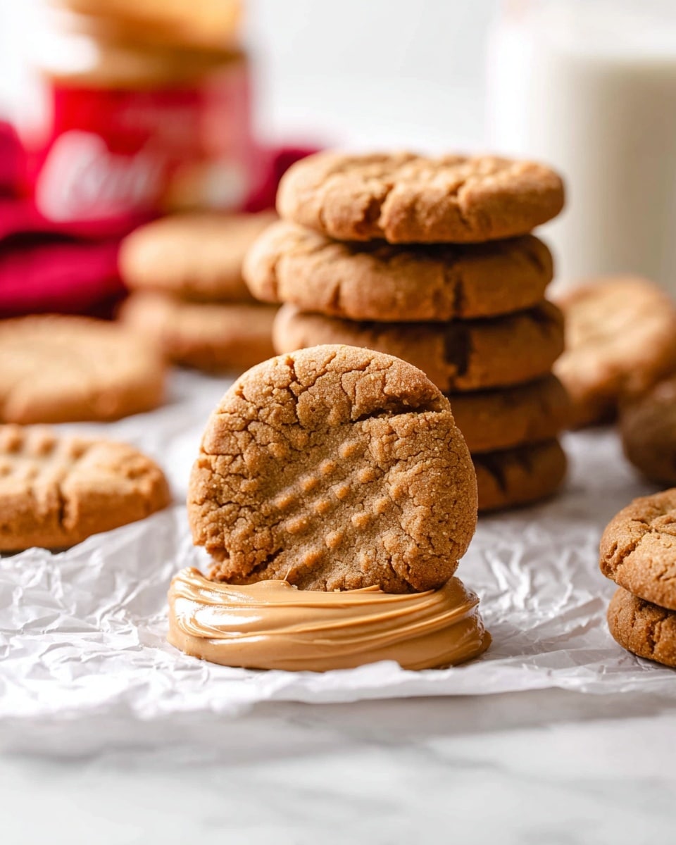 A pile of about fifteen golden brown cookies with cracked tops and a slightly chewy texture is arranged on white parchment paper over a metal cooling rack. The cookies are round, with some showing a faint crisscross pattern on top, indicating peanut butter style. On the right side of the image, there is a jar of Lotus Biscoff cookie butter with a red lid and label, held by a woman's hand. The whole scene sits on a white marbled surface, creating a bright and simple background. photo taken with an iphone --ar 4:5 --v 7