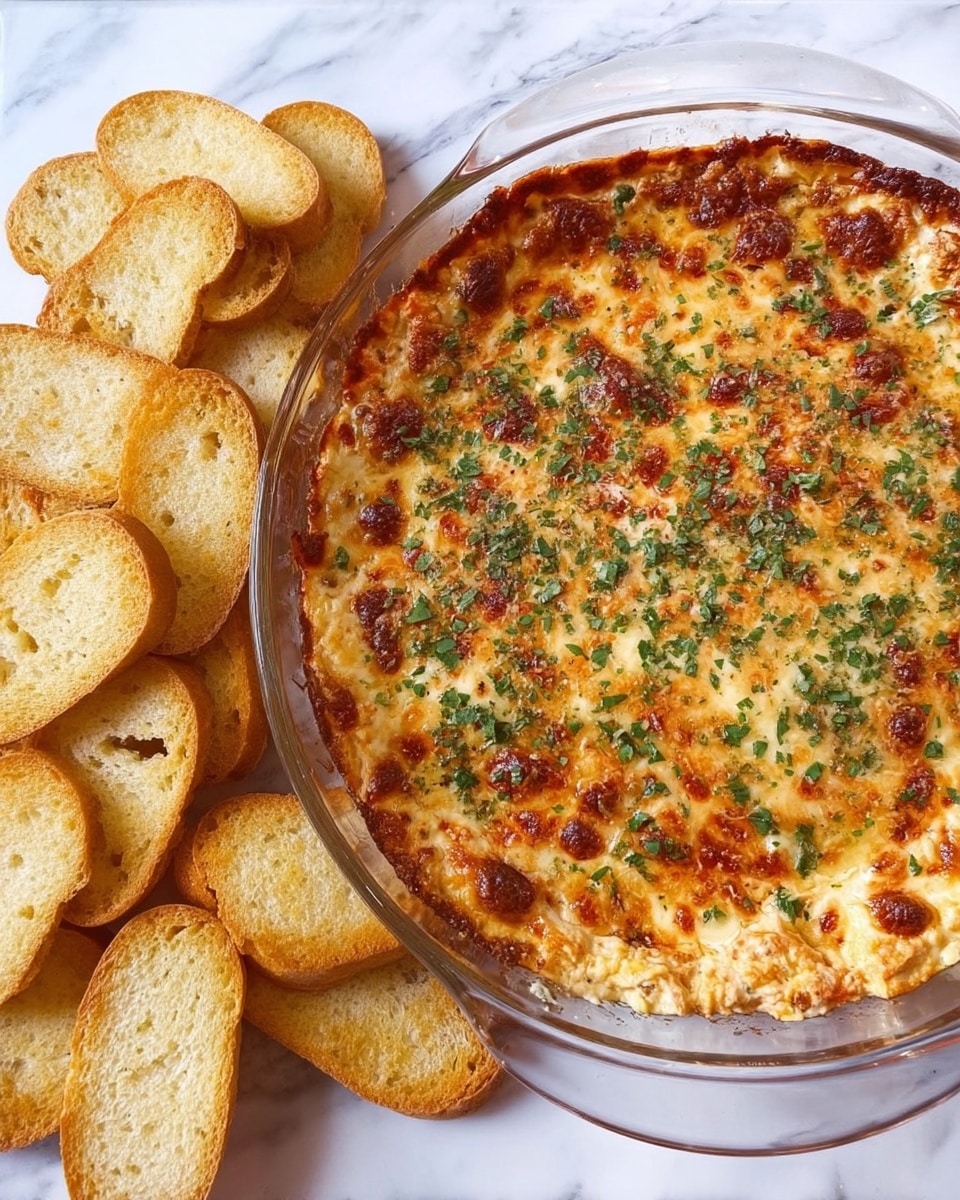 A clear glass dish filled with a baked dip showing a top layer of melted golden brown cheese with darker browned spots and sprinkled green herbs all over, surrounded on the left side by several round toasted bread slices with a light golden crust, all set on a white marbled surface photo taken with an iphone --ar 4:5 --v 7
