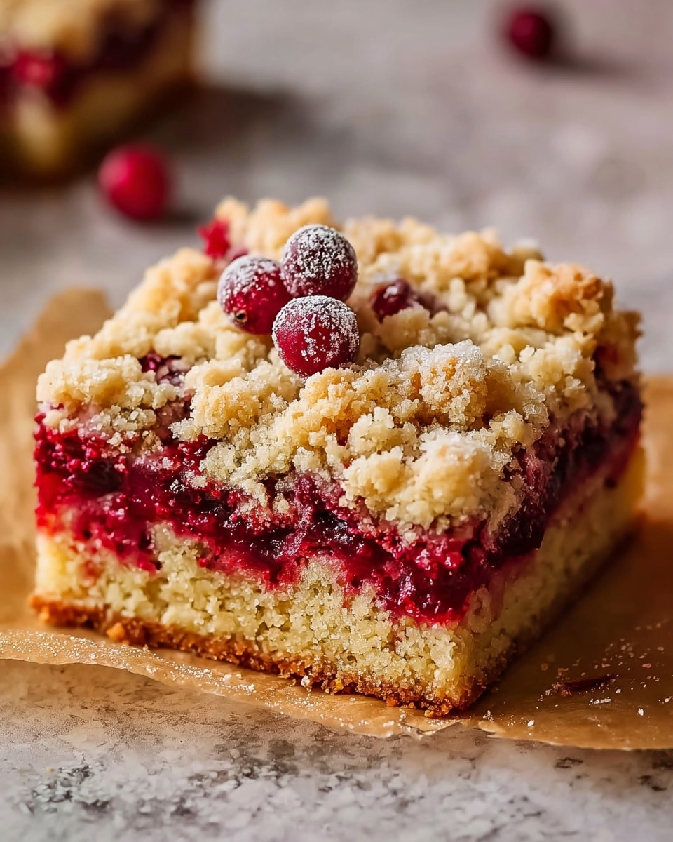 The image shows a square piece of crumb cake with three visible layers: a golden-brown bottom cake layer, a thick middle red berry filling with whole and crushed berries, and a top layer of light golden crumbly streusel sprinkled with sugar and a few whole red berries for decoration, all placed on parchment paper over a white marbled texture surface. photo taken with an iphone --ar 4:5 --v 7