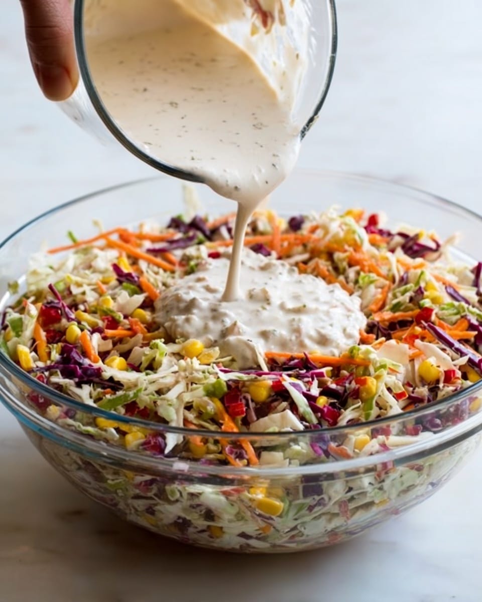 A clear glass bowl filled with a colorful mix of shredded cabbage, chopped carrots, corn, and small bits of red and green vegetables. On top, a thick white sauce is being poured smoothly from a measuring cup by a woman's hand, creating a small mound of creamy texture in the center of the salad. The bowl sits on a white marbled surface, bright and clean. photo taken with an iphone --ar 4:5 --v 7
