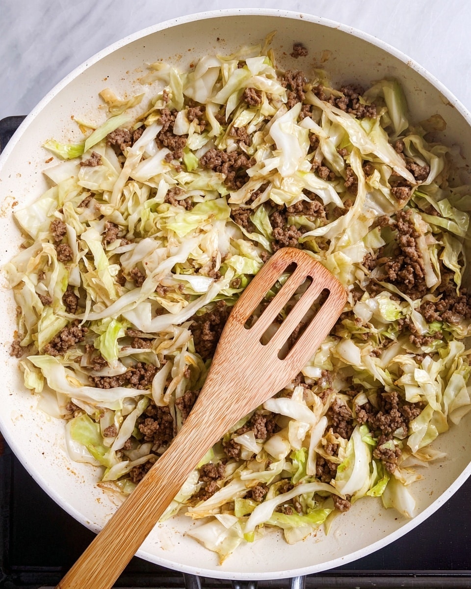 A white pan filled with a mix of cooked ground beef and shredded cabbage. The cabbage pieces are light green and white, thinly sliced, scattered throughout the pan in many layers. The ground beef is brown and crumbled, spread evenly among the cabbage. A wooden spatula with a smooth texture lies in the pan, partially covered by the mix, showing a natural brown color with four narrow slots. The scene is set on a white marbled surface. photo taken with an iphone --ar 4:5 --v 7