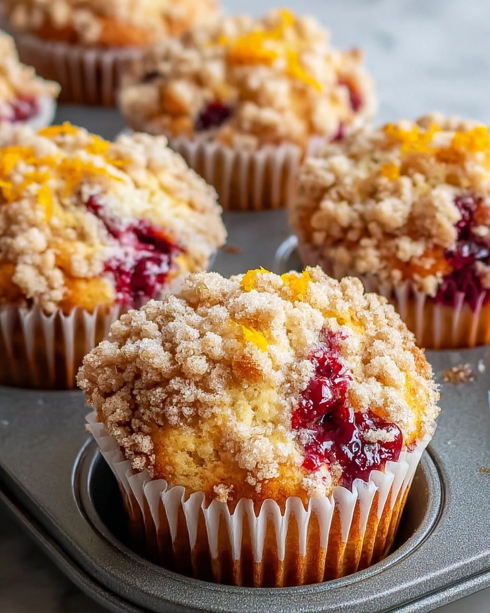 A close-up view of several crumb-topped muffins in white paper liners placed in a gray muffin tray. Each muffin has a golden-brown base with bright red berry filling visible through the crumble topping made of small, textured crumbs in light tan colors. Some muffins are drizzled with a shiny yellow glaze and have a small sprinkle of orange zest on top. The background shows a white marbled texture, giving a clean and bright feel to the image. photo taken with an iphone --ar 4:5 --v 7