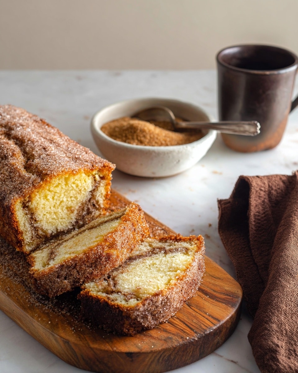 A loaf of cinnamon sugar cake sits on a wooden board, partially sliced into three thick pieces. The cake outside is golden brown with a colored sugar crust, and inside shows a soft, pale yellow crumb with a swirl of cinnamon brown running through it. Behind the cake, a white bowl filled with brown sugar sits with a metal spoon inside. To the right, part of a dark cup rests on a folded brown cloth on a white marbled surface. photo taken with an iphone --ar 4:5 --v 7