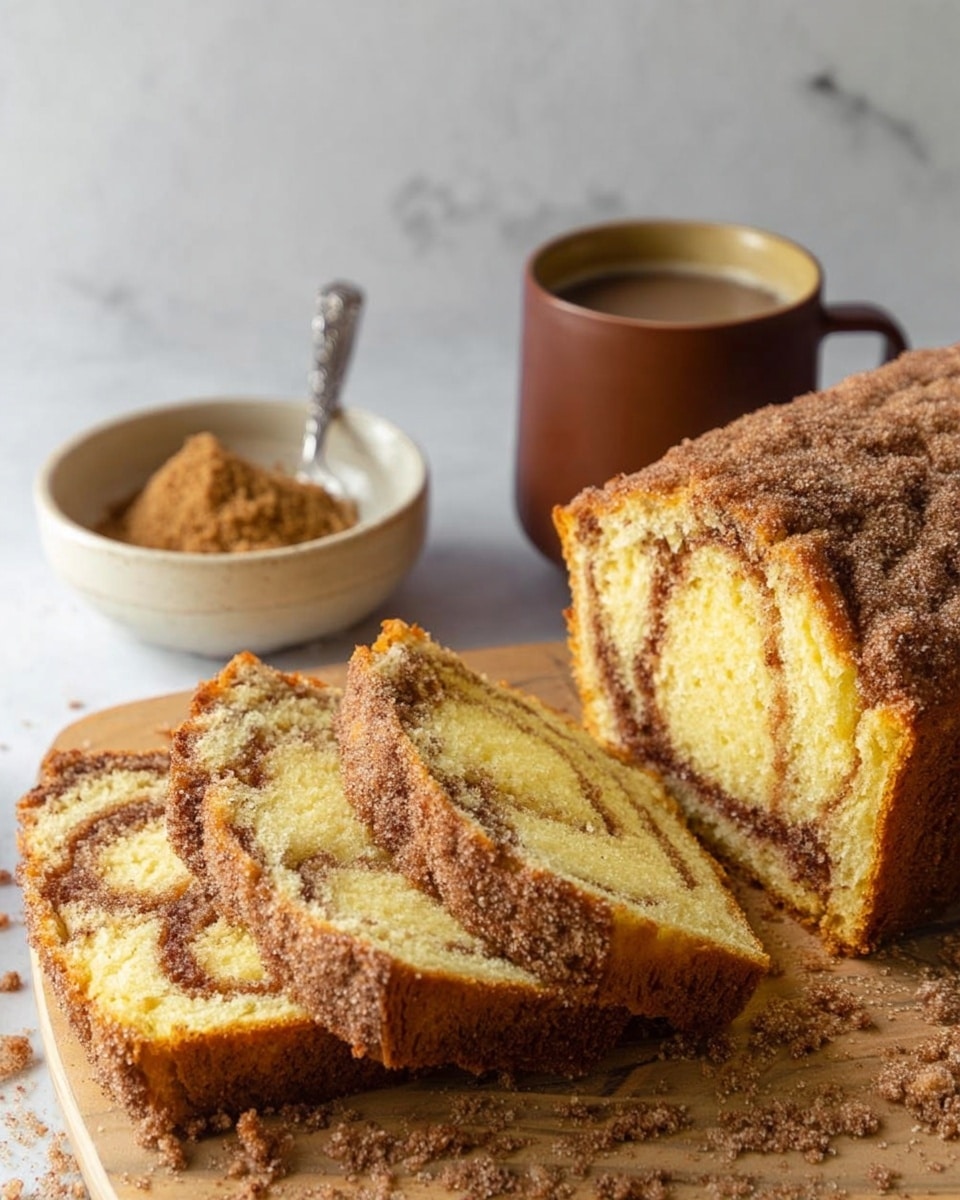 A loaf of cinnamon swirl bread is sliced with three pieces placed in front, showing layers of soft, yellow cake with a light brown cinnamon swirl inside each slice. The top of the loaf has a crunchy cinnamon sugar coating that is golden brown. The bread rests on a wood-textured surface with some crumbs scattered around. Behind the bread, there is a white bowl filled with brown sugar, and a spoon inside it. Next to the bowl is a brown mug filled with a warm drink, all set on a white marbled surface. photo taken with an iphone --ar 4:5 --v 7