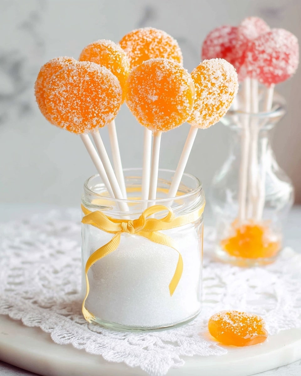 The image shows three orange round lollipops with sugar crystals sprinkled all over them, each on a wooden stick placed on a white marbled surface. Around these lollipops are four small red candy balls, also covered with sugar crystals that give a rough texture. The orange lollipops have a smooth, shiny look, while the red candies have a rough sugary surface. The colors are bright and clear, and the treats are spaced out evenly on the surface. photo taken with an iphone --ar 4:5 --v 7