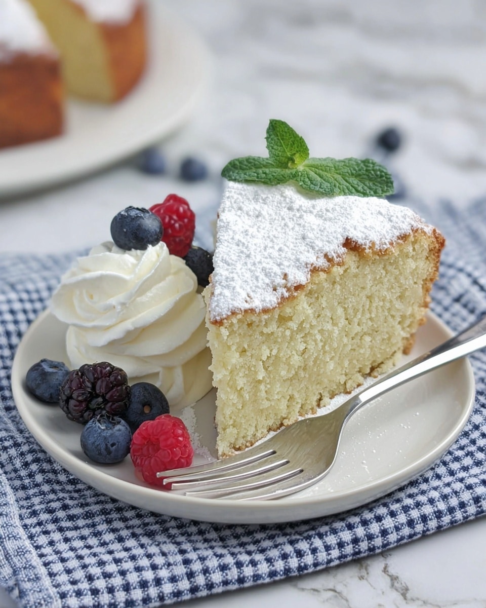 A slice of light yellow cake with a soft, crumbly texture is dusted with a thick layer of white powdered sugar on top, sitting on a white plate. Next to the cake, there is a swirl of white whipped cream topped with a green mint leaf and fresh berries including a red raspberry, a dark blackberry, and two blue blueberries. A stainless steel fork rests beside the cake on the plate. The plate is on a blue and white checkered cloth over a white marbled surface. Photo taken with an iphone --ar 4:5 --v 7